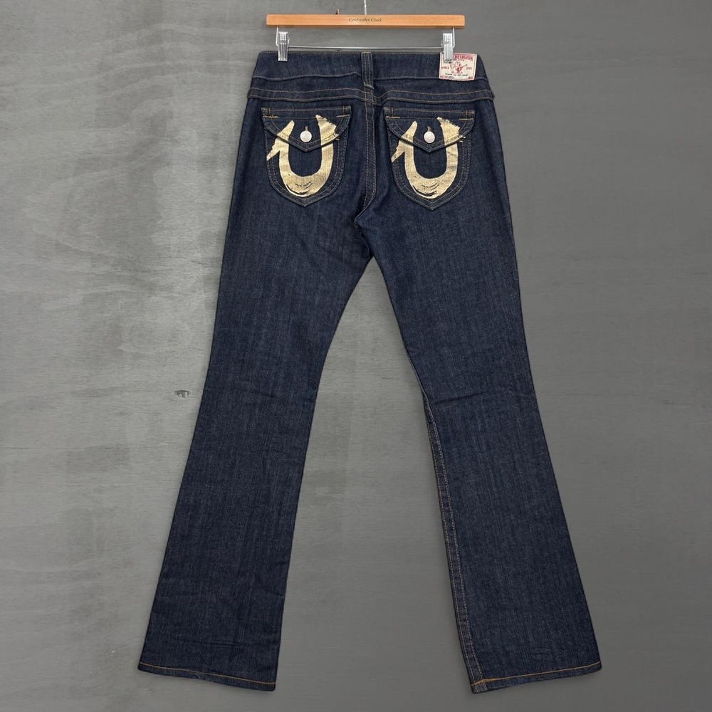 Y2K True Religion Becky Flare Jeans Dark Wash Gold Painted Horseshoe Logo 29